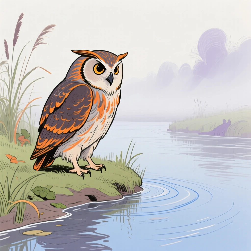 A wise old owl exploring along a quiet riverbank as fog rolls in.