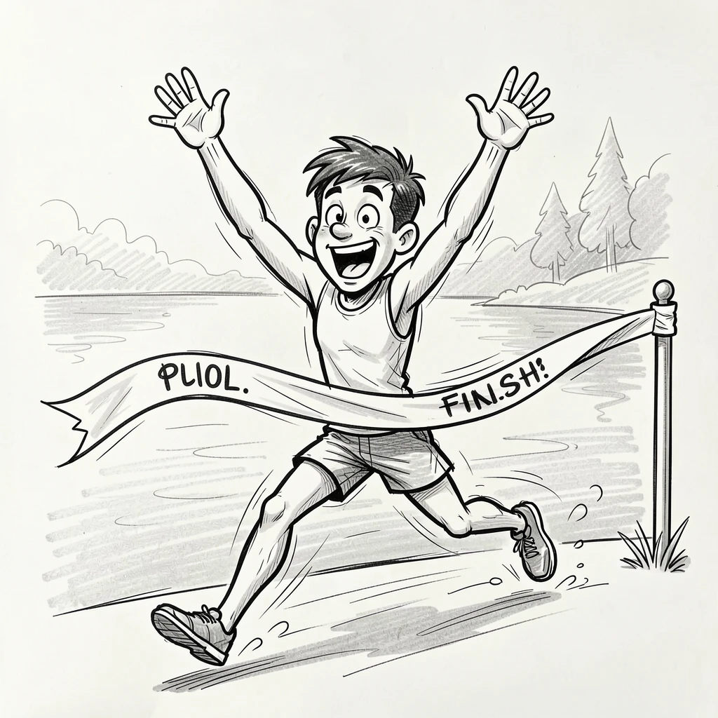 A runner crossing a finish line with arms raised across a calm morning lake.