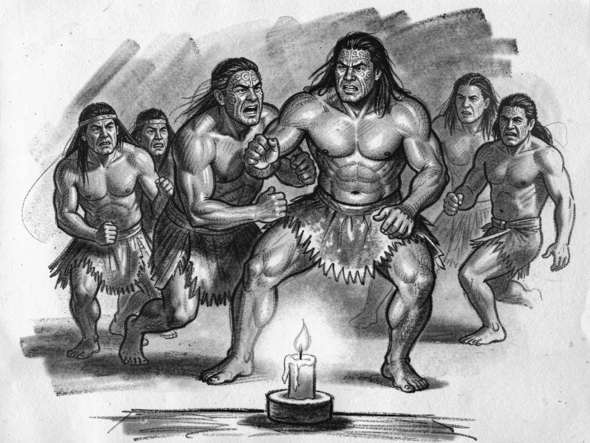 A traditional Maori haka performance, as soft candlelight flickers nearby.