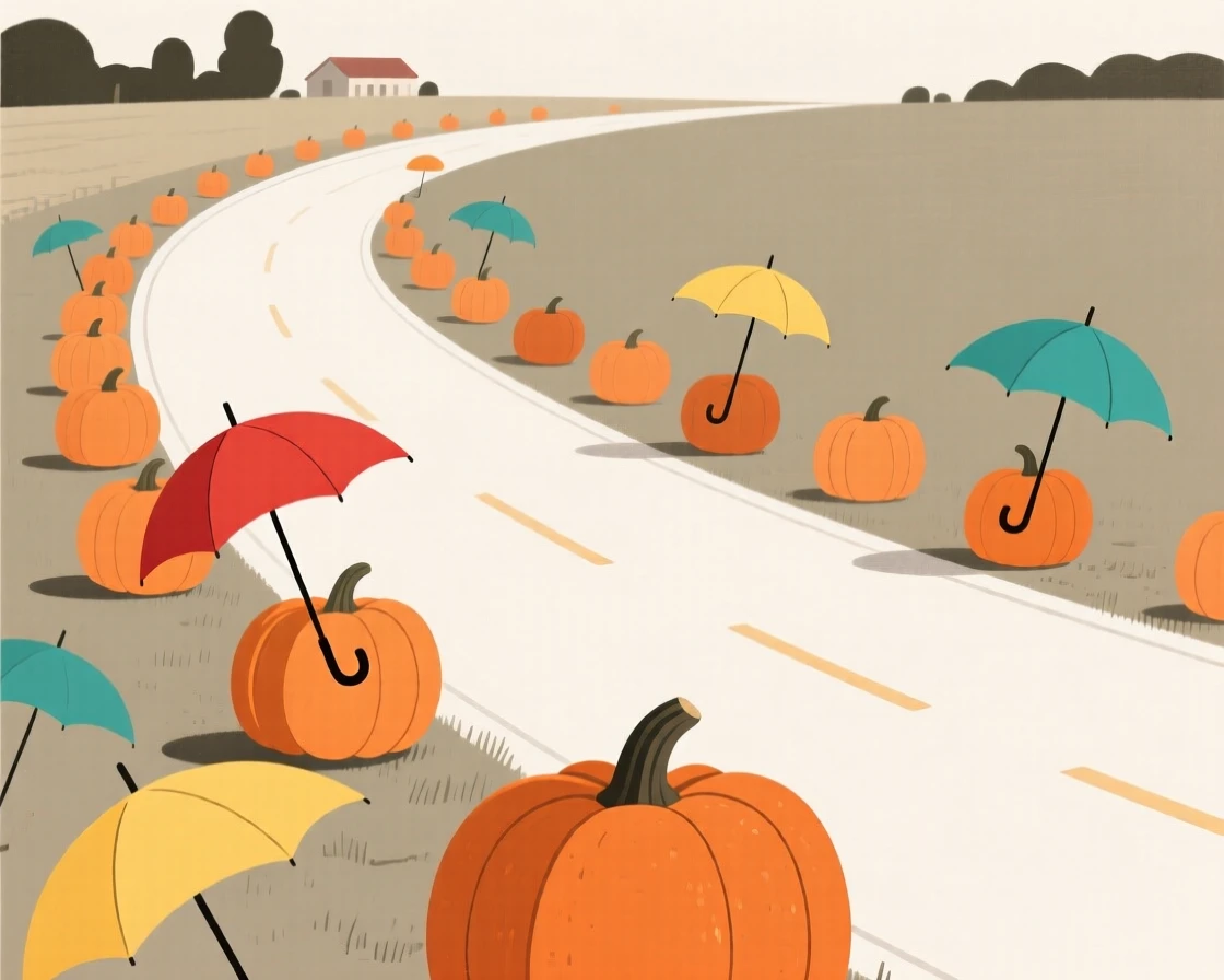 A quiet countryside road, transformed by harvest of ripe pumpkins, with a row of colorful umbrellas scattered throughout, captures nostalgic comfort.