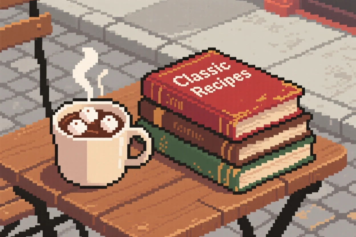 A cup of hot cocoa with marshmallows resting beside a stack of old cookbooks, at an outdoor café table.