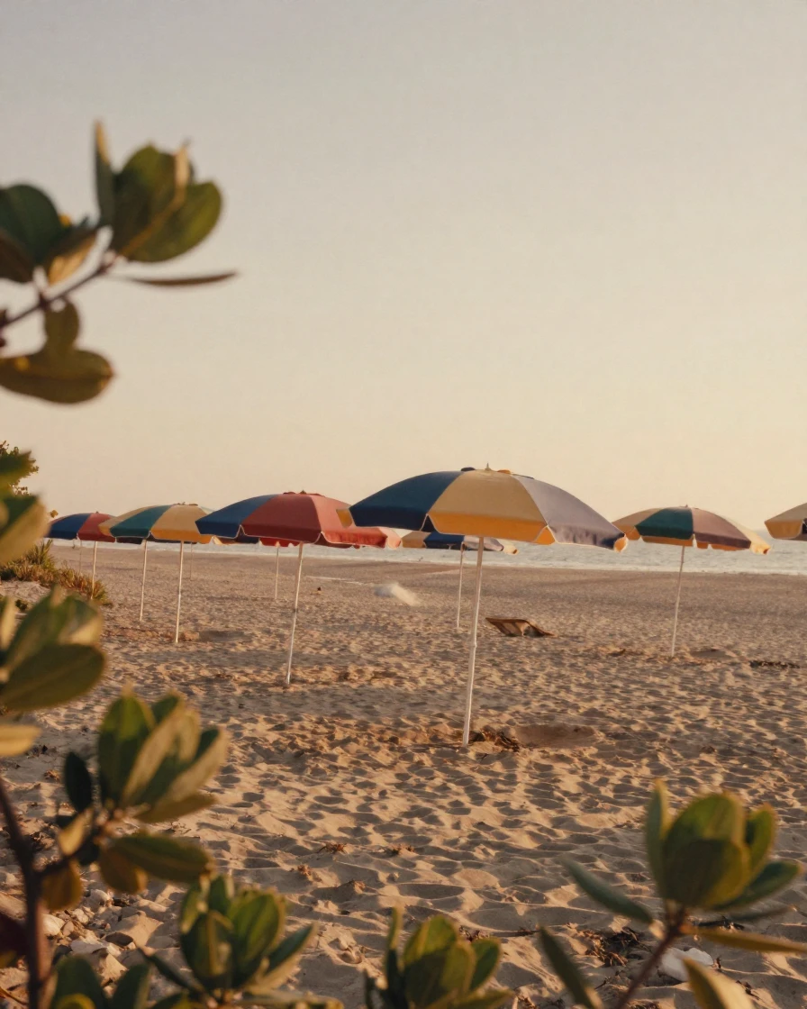 A row of colorful beach umbrellas along a sandy shore, in the last light of dusk, with a soft breeze stirring the air, in summer, in warm honey and cream tones, peering through foliage in the foreground.