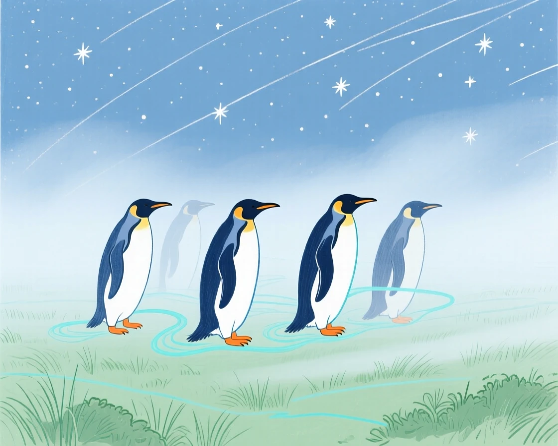A group of penguins wandering in a misty morning field under a clear starry sky.