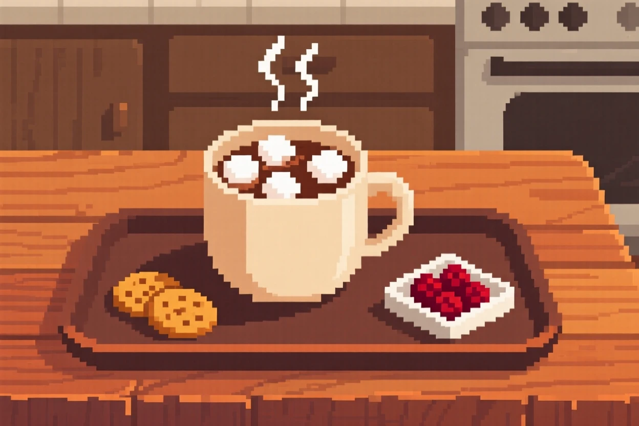 A cup of hot cocoa with marshmallows served on a tray with tiny side dishes, on a rustic wooden kitchen table.