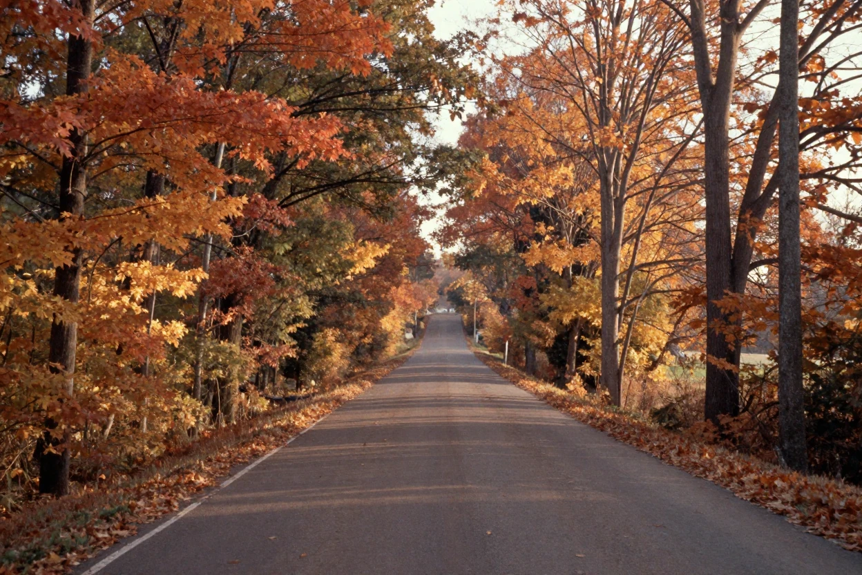 A country road lined with trees ablaze in autumn color, in warm morning light, in crisp, dry air, in autumn, in earthy terracotta and ochre shades, in a tight close-up.