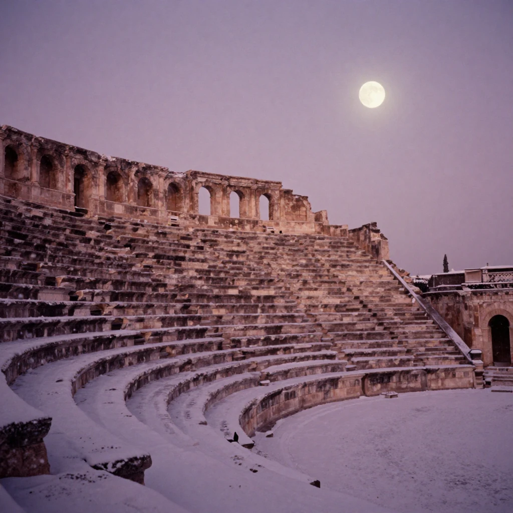 An ancient stone amphitheater bathed in warm evening light, under moonlight, amid gently falling snow, under the first snow of winter, in dusty lavender and rose tones, at eye level, intimate and direct.