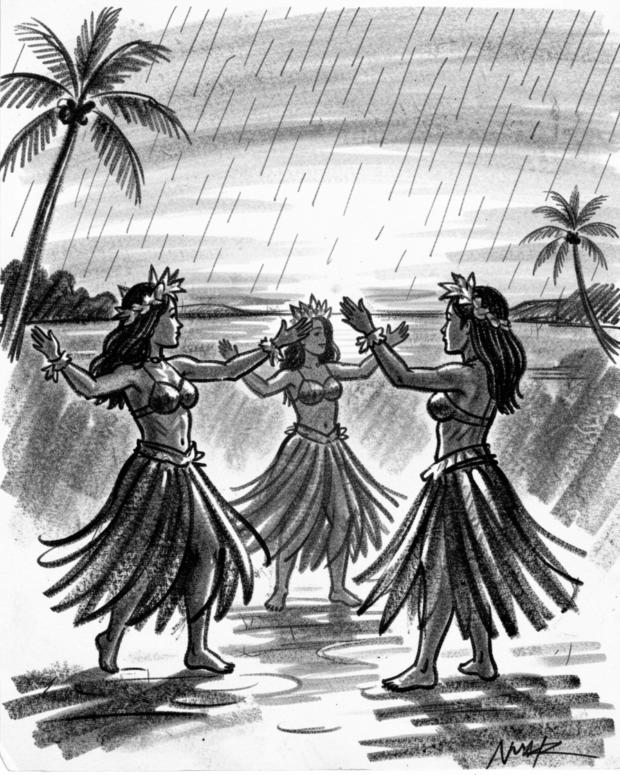 A Hawaiian luau with hula dancers at sunset, as gentle rain patters down around them.