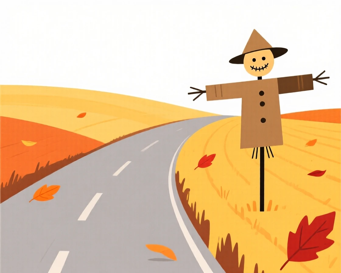 A quiet countryside road, transformed by golden autumn light, with a scarecrow in a field scattered throughout, captures nostalgic comfort.