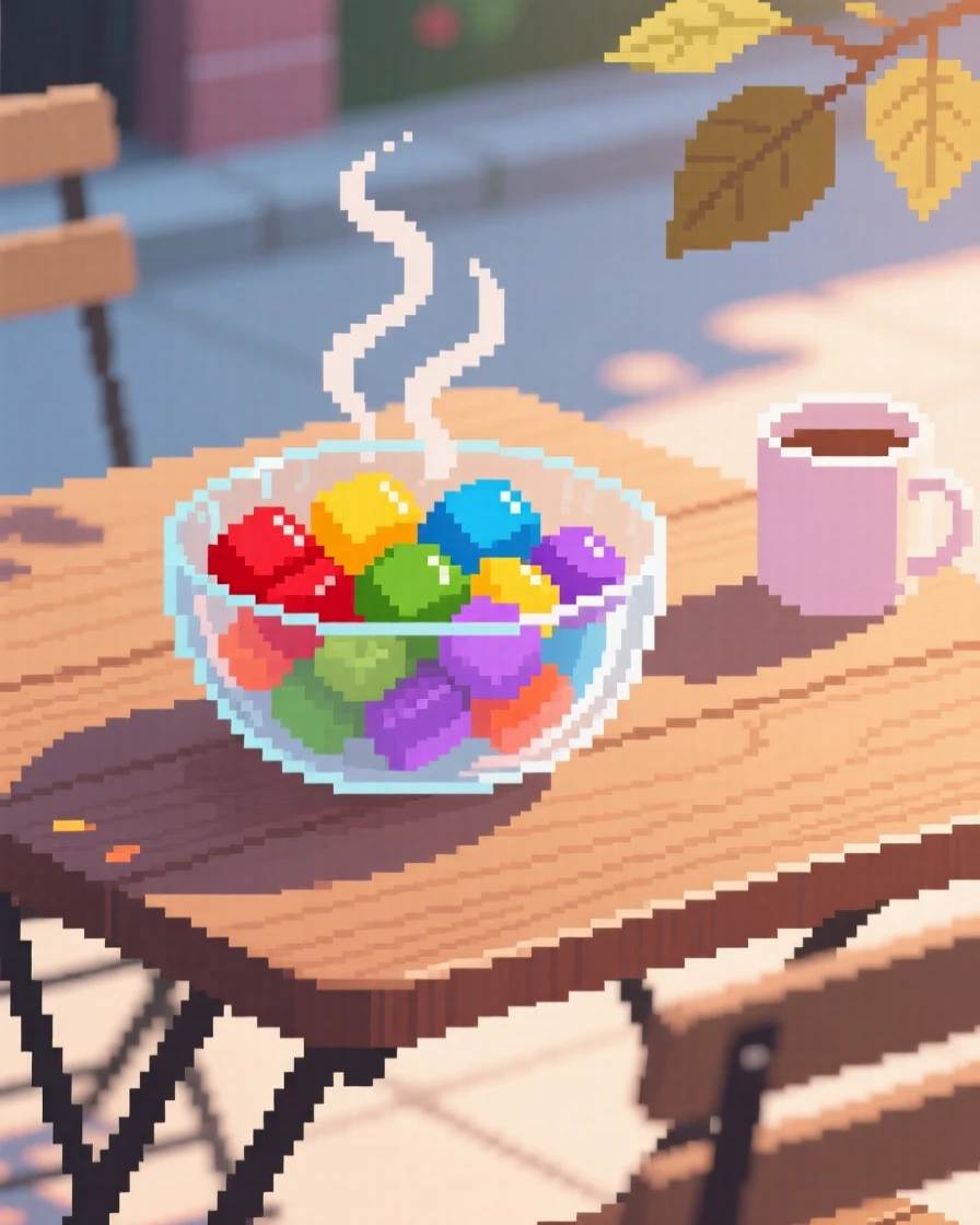 A bowl of colorful candy steaming gently in the morning light, at an outdoor café table.