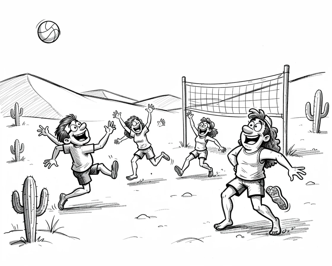 A group of friends playing beach volleyball across an open desert trail.