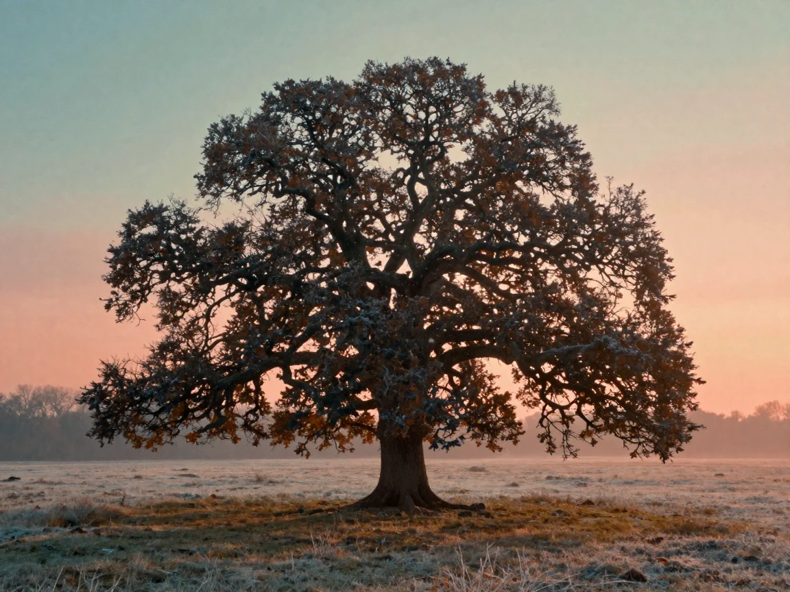 An ancient oak tree standing alone in a quiet clearing, in warm morning light, amid gently falling snow, in late autumn, in vivid coral and turquoise hues, from behind, looking toward the horizon.