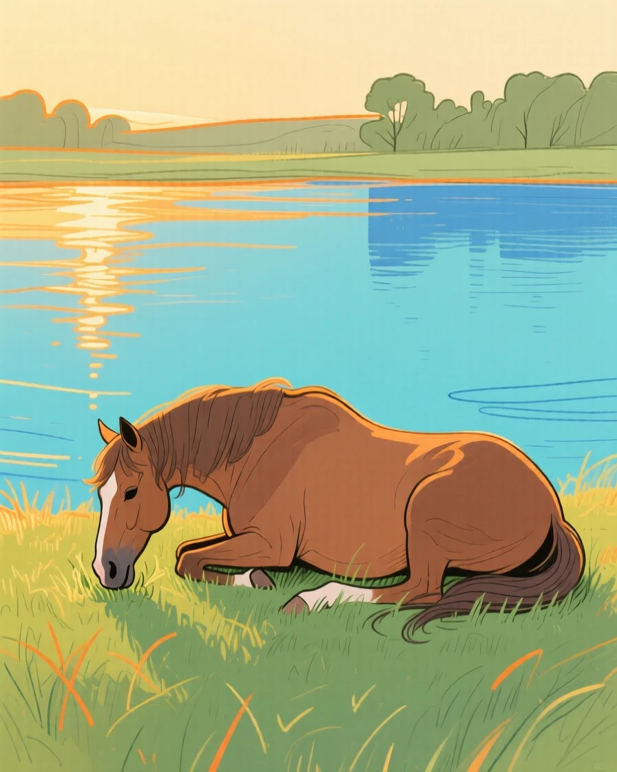 A grazing horse resting beside a still lake during golden hour.