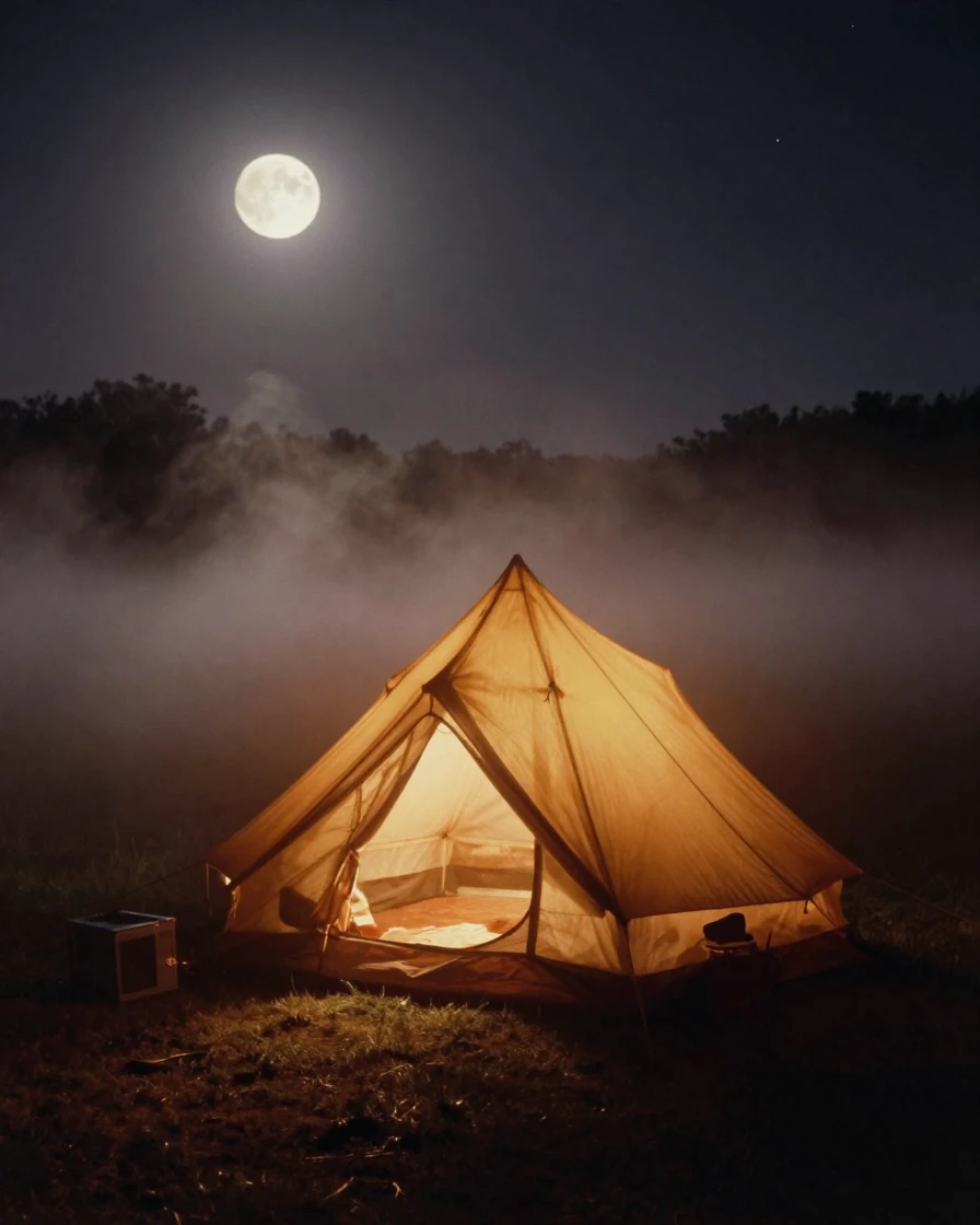 A tent glowing softly from within beneath a starlit sky, under moonlight, in thick rolling fog, in the height of summer, dominated by warm amber and rust tones, viewed from across the room.