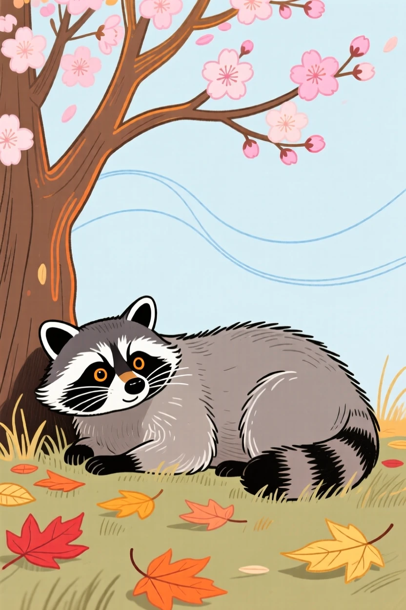 A curious raccoon resting under a blossoming tree on a crisp autumn day.