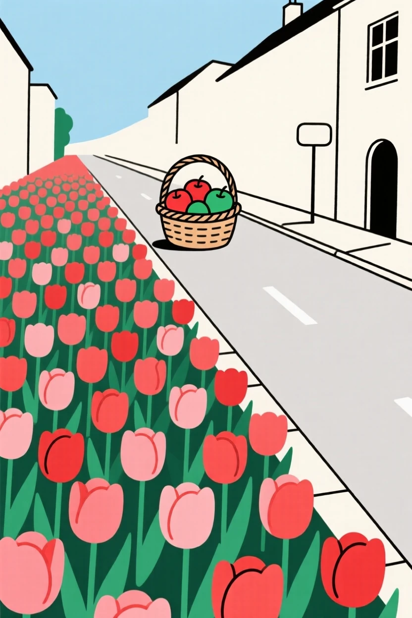 A field of blooming tulips covering a small town street as a basket of apples appears in the distance, full of crisp freshness.