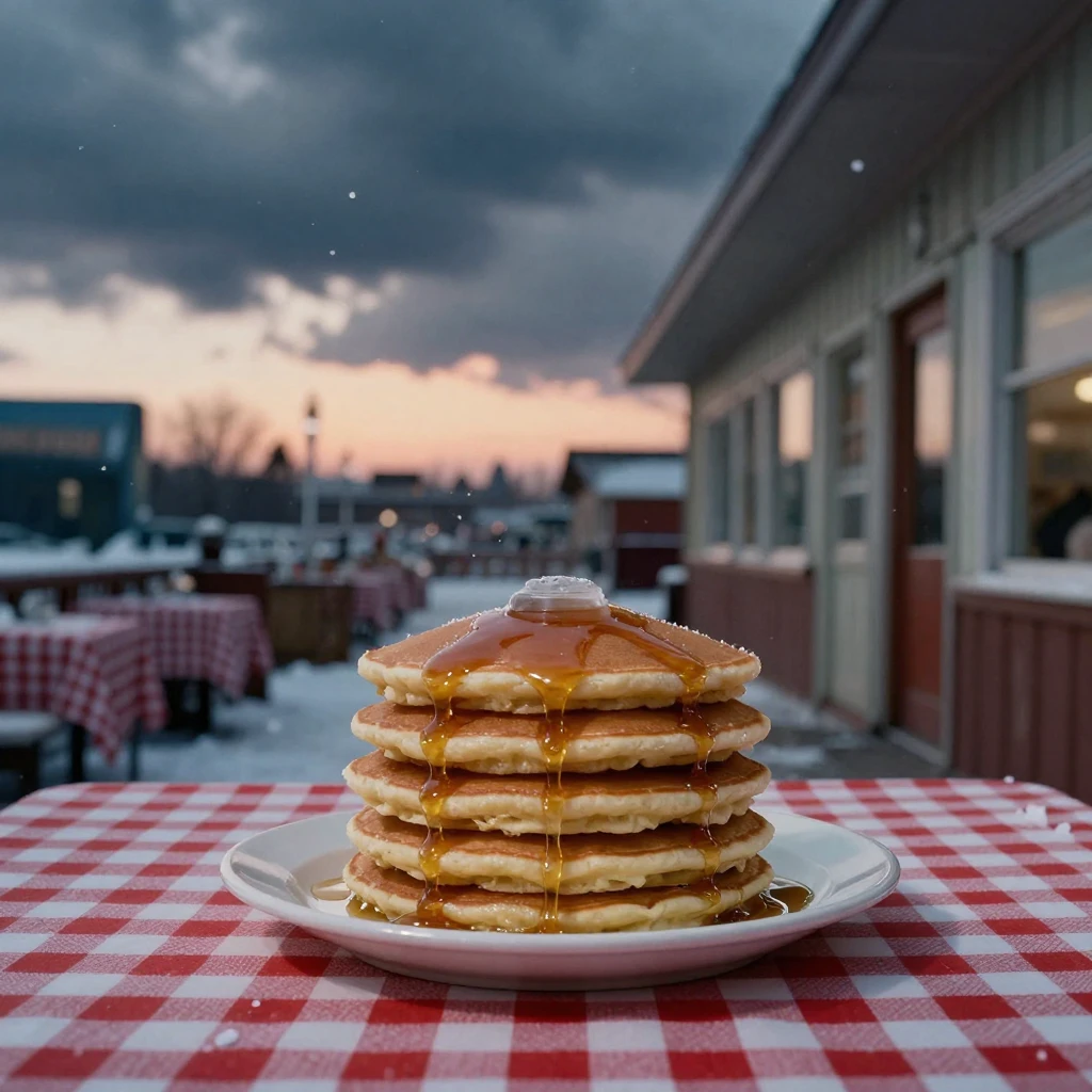A stack of pancakes drizzled with syrup on a checkered tablecloth, under a glowing sunset sky, under a darkening storm sky, under the first snow of winter, in cool blues and silvery greys, framed symmetrically down a long corridor.