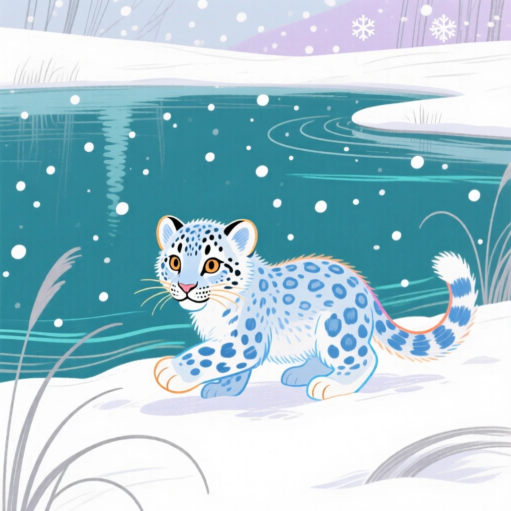 A snow leopard cub playing beside a still lake during a light snowfall.