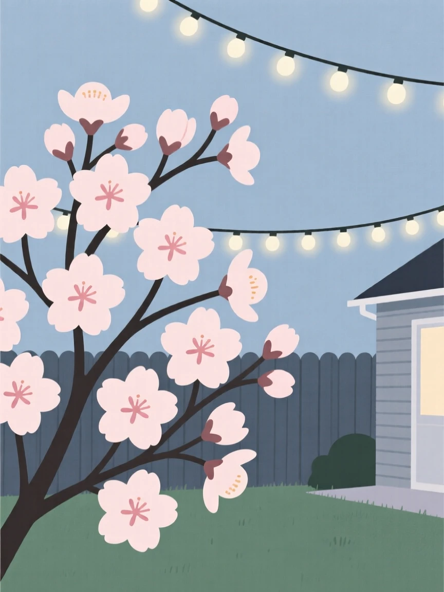 A burst of cherry blossoms covering a suburban backyard as a string of holiday lights appears in the distance, full of quiet transformation.