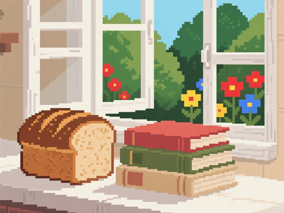 A loaf of crusty bread resting beside a stack of old cookbooks, beside an open window overlooking a garden.