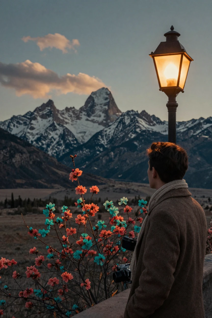 A jagged snow-capped mountain range rising above a quiet valley, in low lamplight, under scattered clouds, as spring blossoms unfurl, in vivid coral and turquoise hues, over the shoulder of the main subject.
