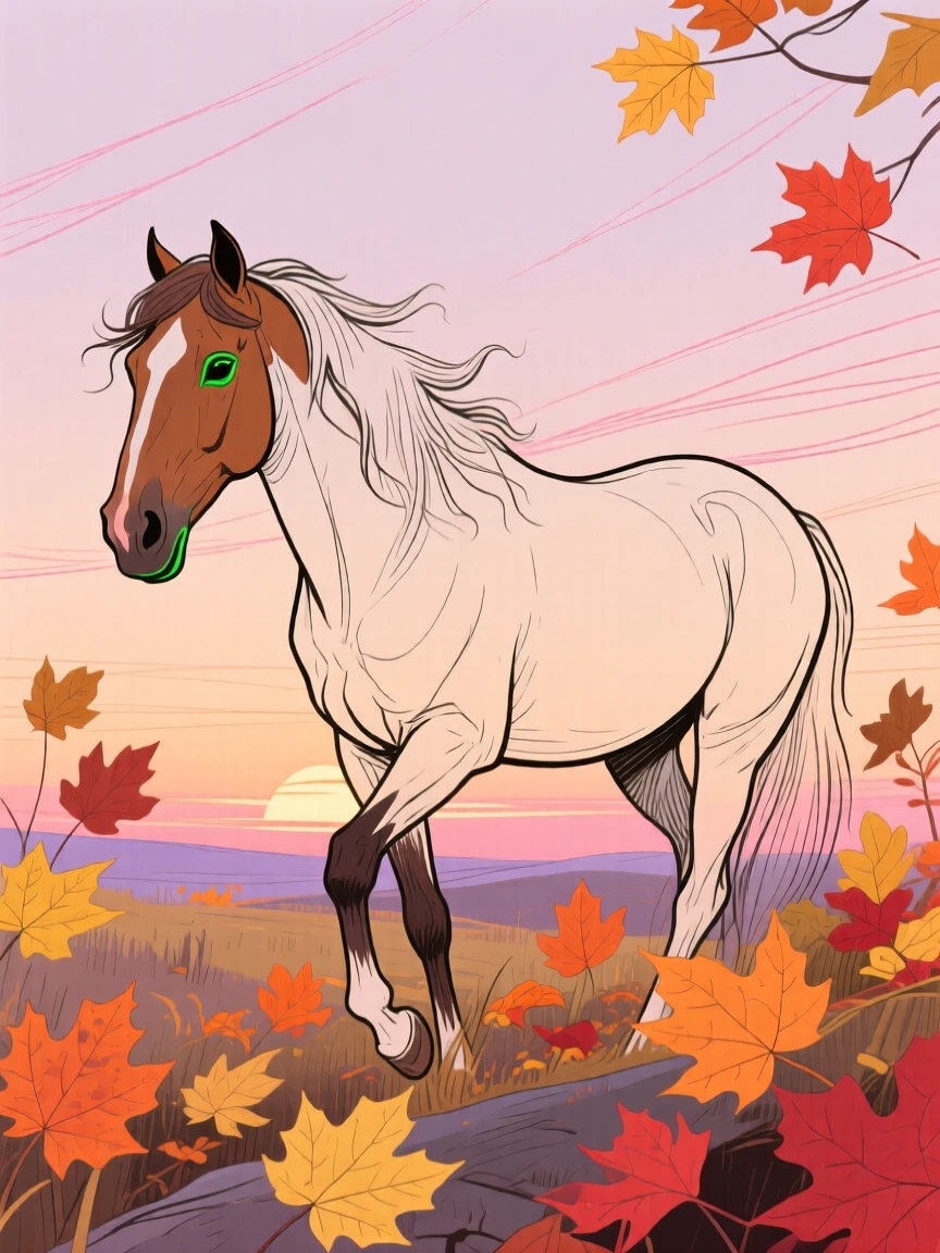 A wild mustang exploring among autumn leaves at sunset.