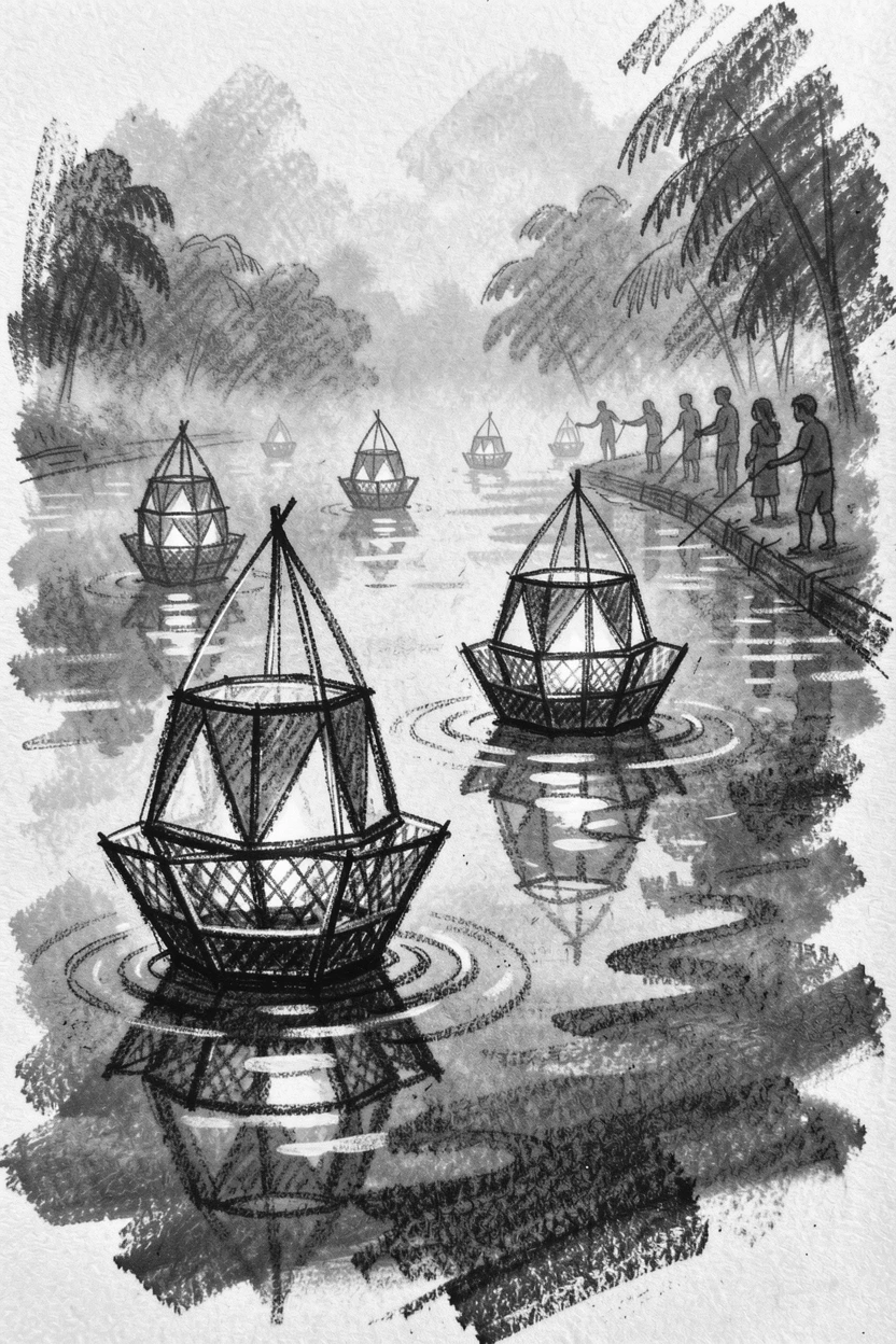A Thai Loy Krathong festival with floating lantern baskets on a river, with a gentle mist rolling through the background.