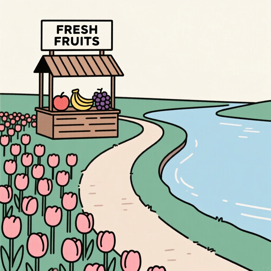 A field of blooming tulips covering a riverside path as a wooden fruit stand appears in the distance, full of festive warmth.