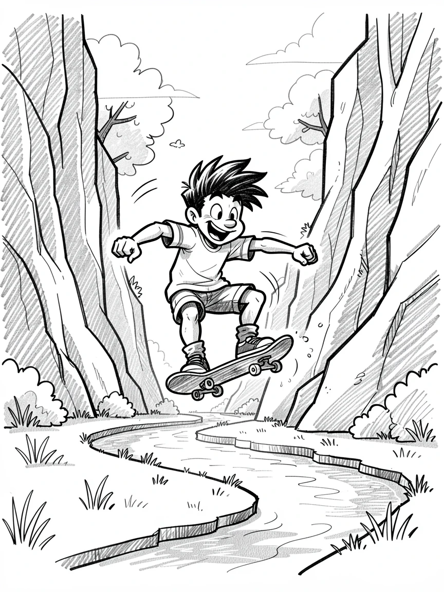 A skateboarder doing a trick at a sunny park through a canyon carved by a river.