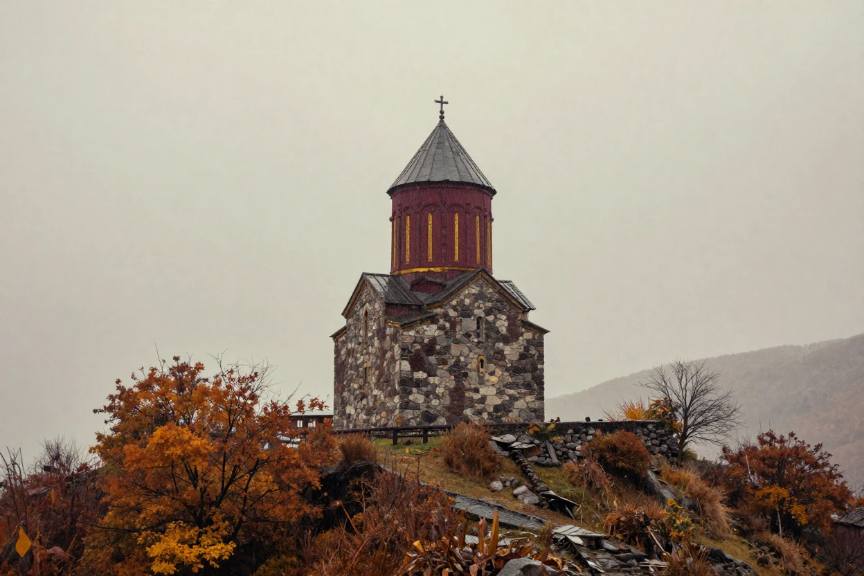 A stone chapel perched alone on a windswept mountain ridge, in gentle diffused daylight, under a light drizzle, in late autumn, with rich burgundy and gold accents, at eye level, intimate and direct.