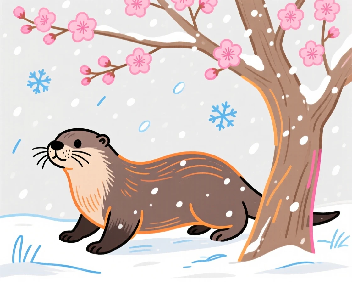 A playful otter wandering under a blossoming tree during a light snowfall.