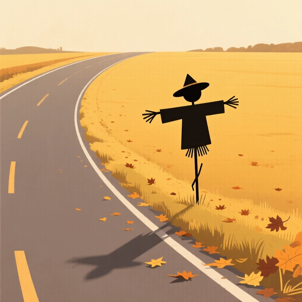 A quiet countryside road, transformed by golden autumn light, with a scarecrow in a field scattered throughout, captures crisp freshness.