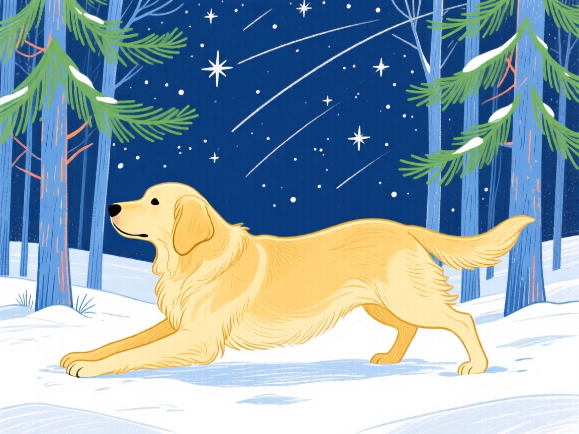 A golden retriever stretching in the morning light in a snowy pine forest under a clear starry sky.