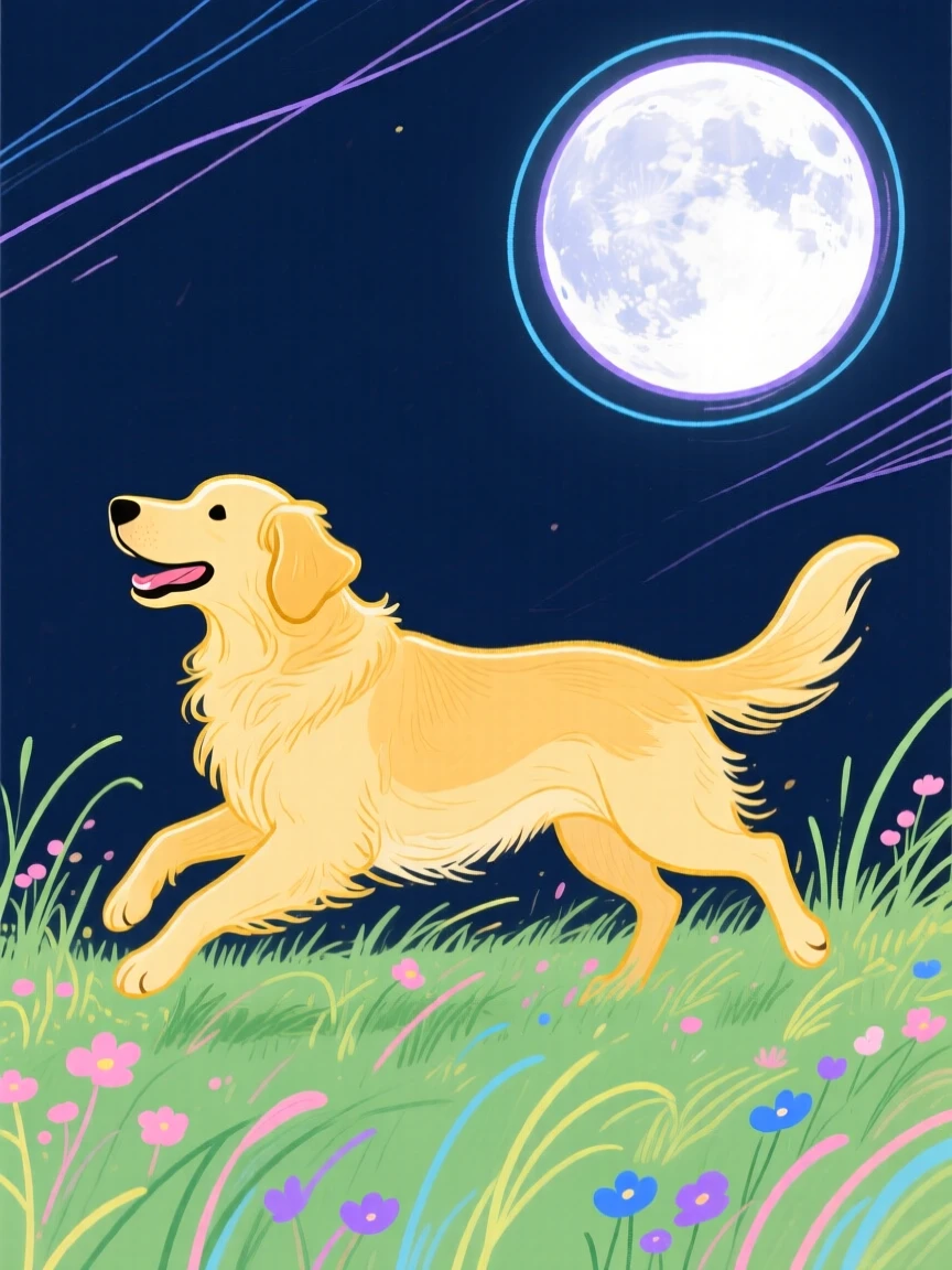 A golden retriever playing in a sunlit meadow under a full moon.