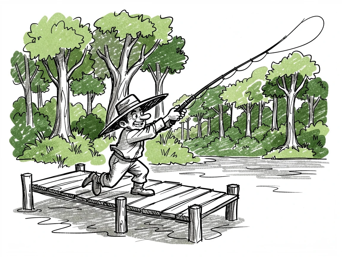 A fisherman casting a line from a riverside dock through a dense green forest.
