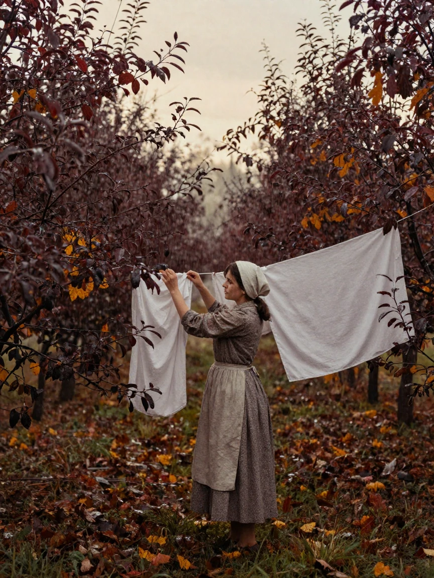 A farmer's wife hanging laundry between two apple trees, in the pale light just before sunrise, under a light drizzle, in the mild days of early autumn, with rich burgundy and gold accents, peering through foliage in the foreground.