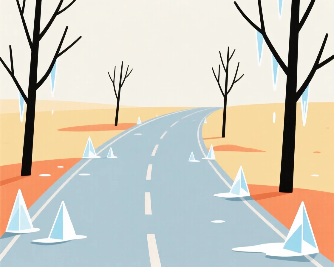 A quiet countryside road, transformed by early spring frost, with melting icicles scattered throughout, captures festive warmth.