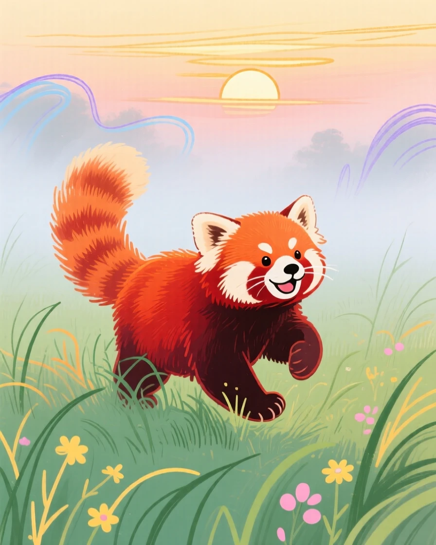 A red panda playing in a misty morning field at sunset.