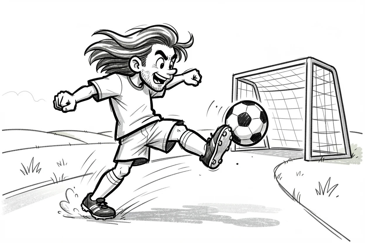 A soccer player kicking a ball toward the goal beside a quiet countryside road.