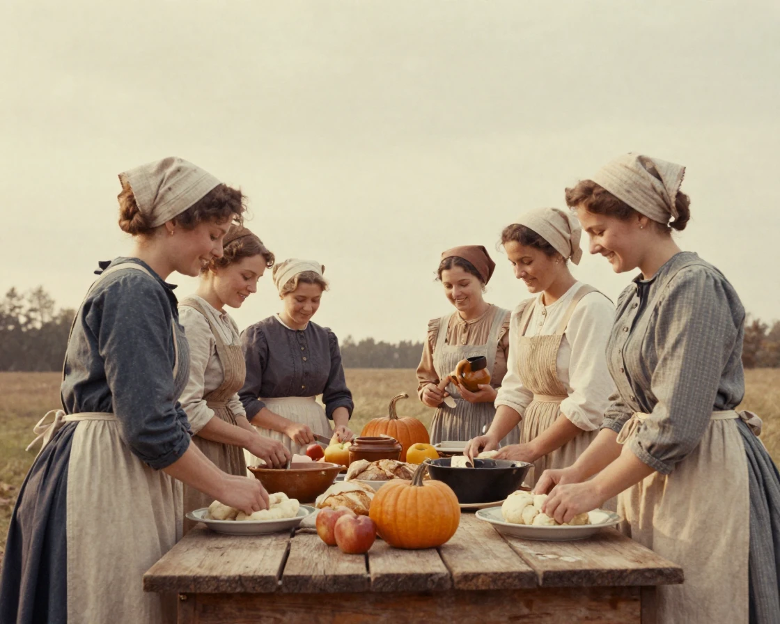 Women in traditional dress preparing food for a communal feast, under a pale winter sky, on a clear, cloudless day, in the mild days of early autumn, in warm honey and cream tones, from a slightly elevated vantage point.