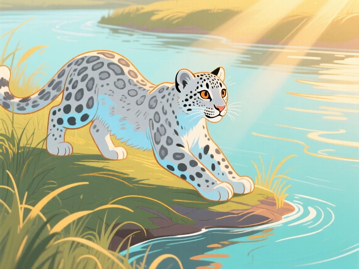 A snow leopard cub stretching in the morning light along a quiet riverbank during golden hour.