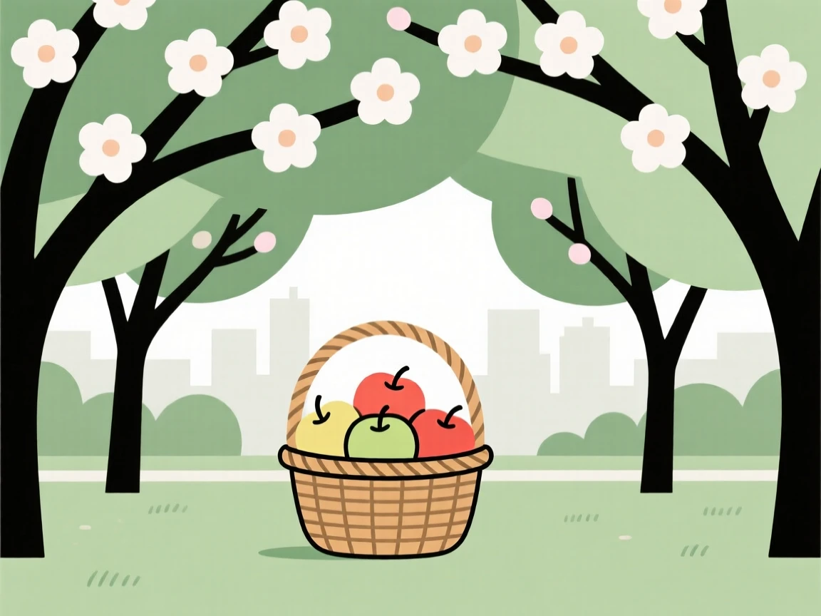 A canopy of blossoming trees covering a city park as a basket of apples appears in the distance, full of crisp freshness.