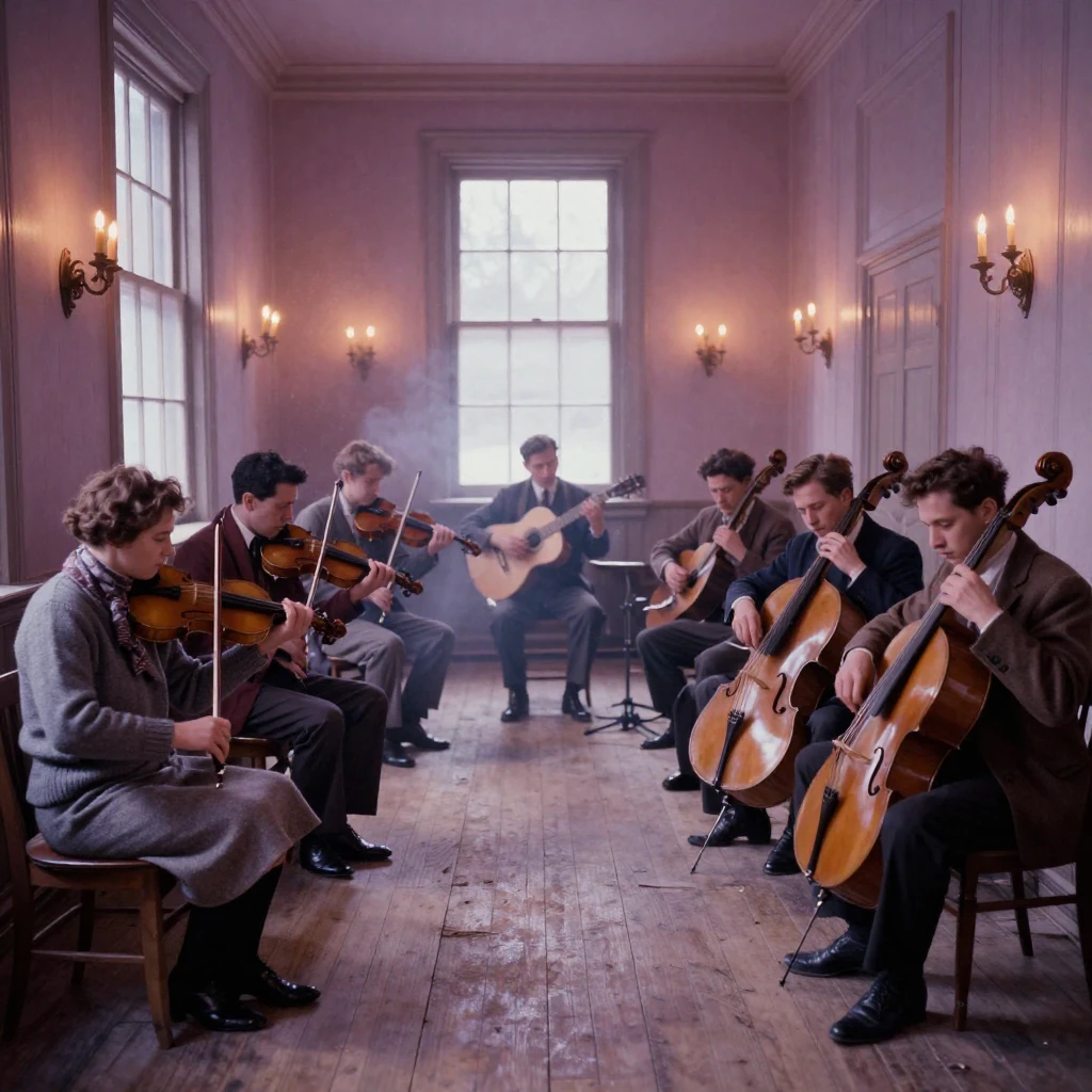 A group of musicians rehearsing in a sunlit rehearsal hall, under flickering candlelight, as heat shimmers over the ground, in the depths of winter, in dusty lavender and rose tones, framed symmetrically down a long corridor.