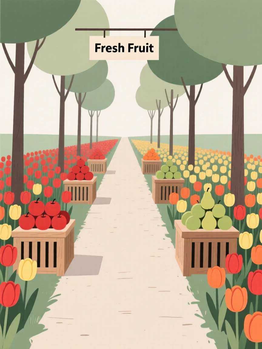 A forest trail, transformed by field of blooming tulips, with a wooden fruit stand scattered throughout, captures cozy anticipation.