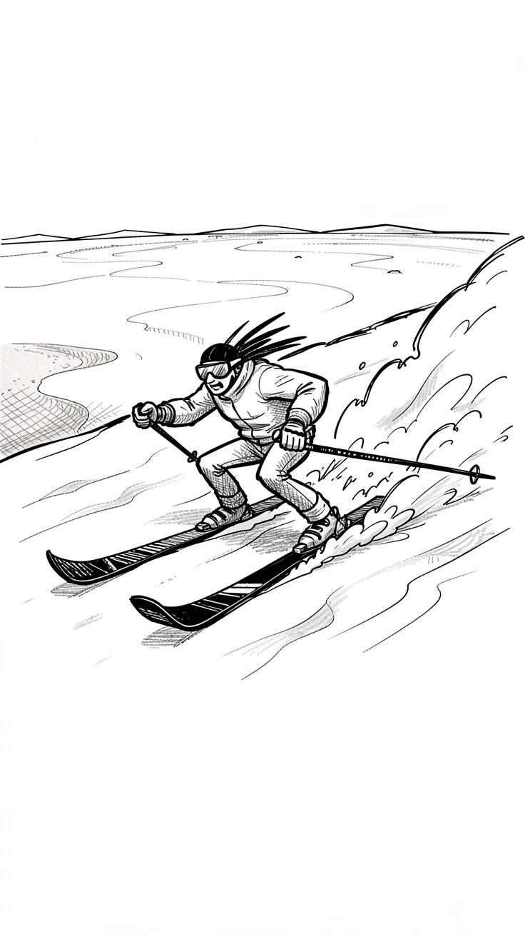 A skier carving through fresh powder snow across a wide sandy beach.