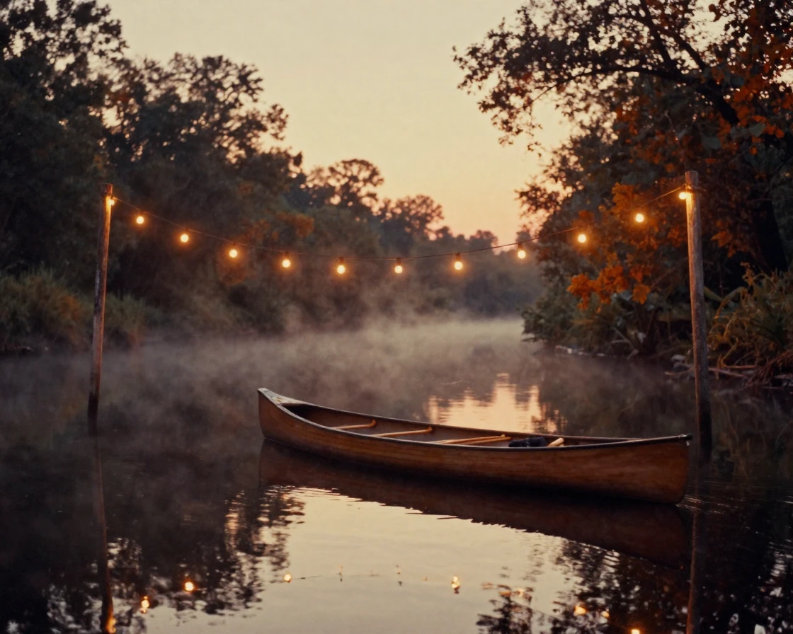 A canoe gliding silently across a mirror-calm river, under strings of warm string lights, as mist rises off the ground, during the long days of summer, dominated by warm amber and rust tones, from a wide establishing view.