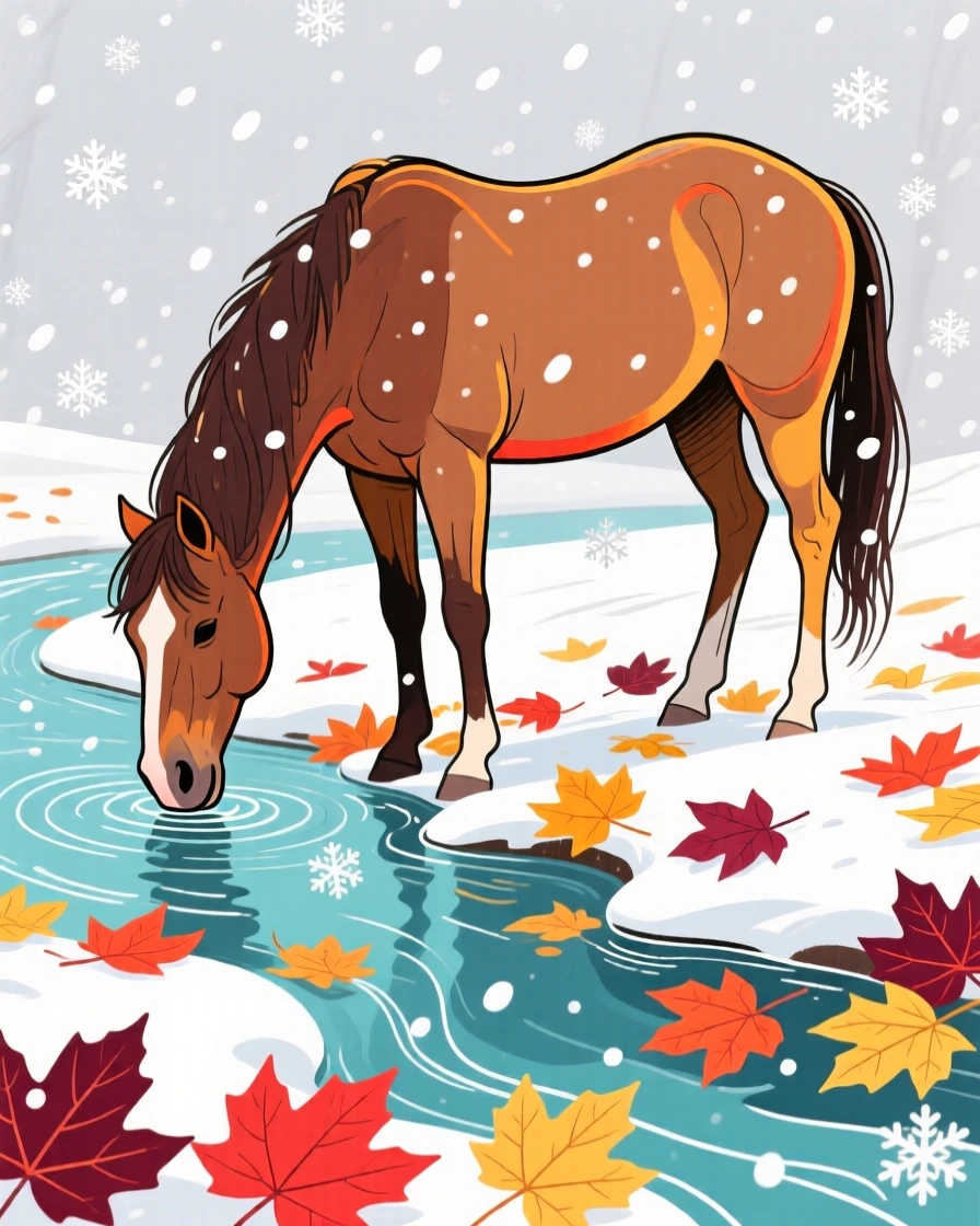 A grazing horse drinking from a stream among autumn leaves during a light snowfall.