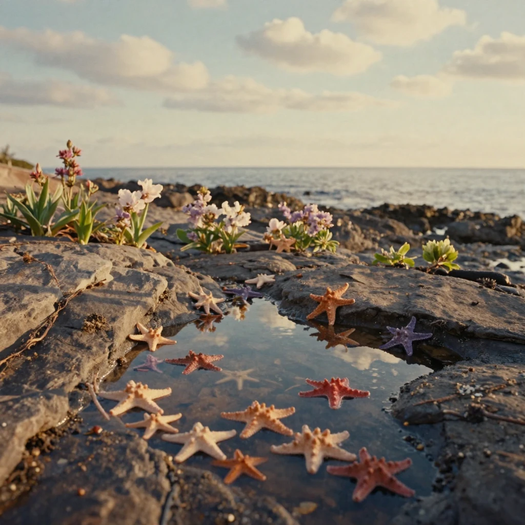 Tide pools full of colorful starfish along a rocky shoreline, under soft golden-hour light, under scattered clouds, as spring blossoms unfurl, in soft muted pastels, from behind, looking toward the horizon.