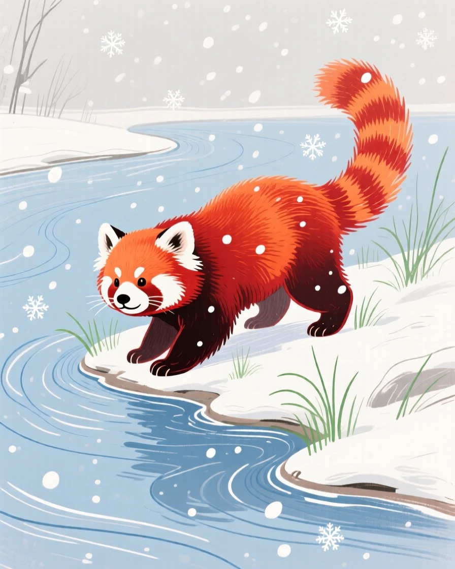 A red panda playing along a quiet riverbank during a light snowfall.