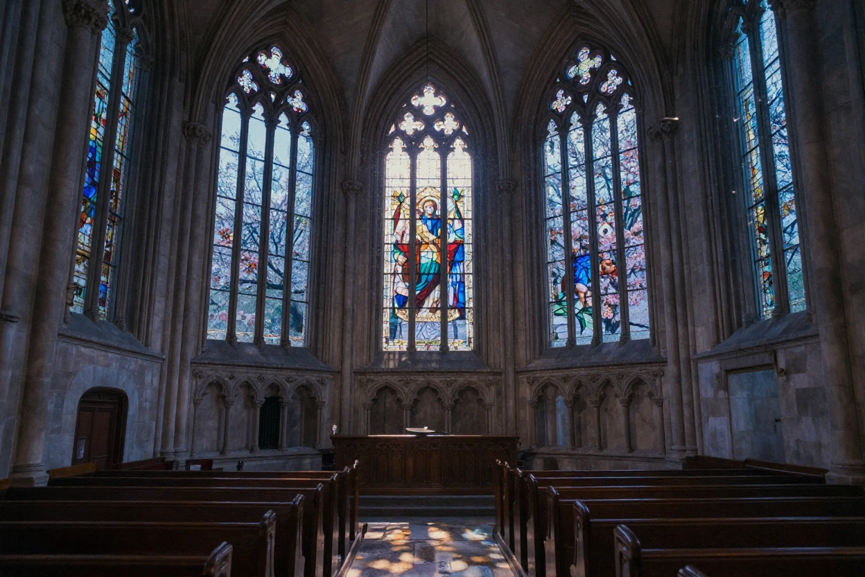 An ornate cathedral interior with light streaming through stained glass, in cool blue twilight, under a light drizzle, as spring blossoms unfurl, in cool blues and silvery greys, from a wide establishing view.