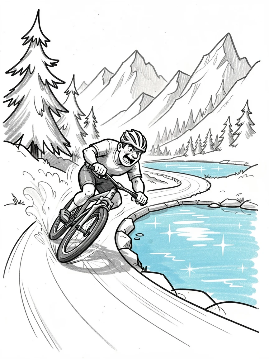 A cyclist racing down a winding mountain trail beside a crystal-clear alpine lake.